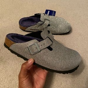 Silver Glitter Shearling Boston Birkenstock